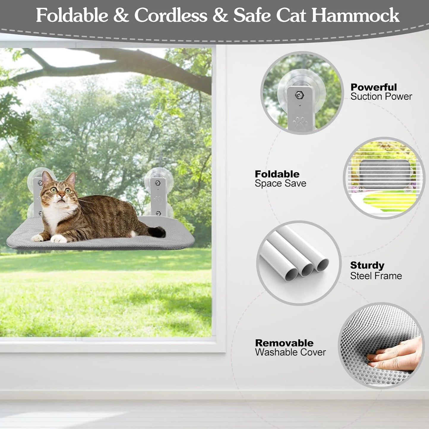 Cat Window Perch,  Cat Hammock for Wall , Foldable Cat Beds for Indoor Cats, Gray